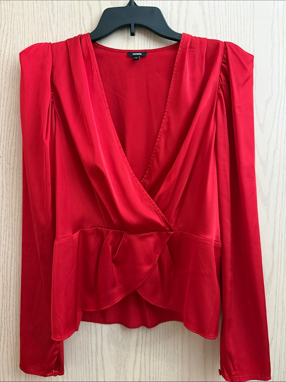 Express Red Satin Wrap Blouse with Draped Front